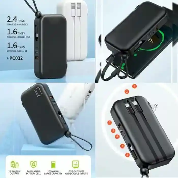 Wiwu 3 in 1 Quick wall charger & power bank 10000mah with cables